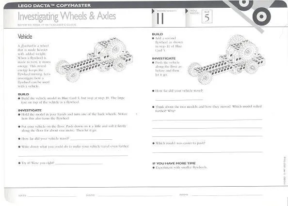 Set 9631 Worksheet Copy Master for Activity 11 / 12 - Investigating Wheels and Axles / Motorised Wheels and Axles