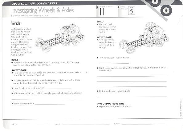 Set 9631 Worksheet Copy Master for Activity 11 / 12 - Investigating Wheels and Axles / Motorised Wheels and Axles