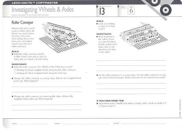 Set 9631 Worksheet Copy Master for Activity 13 / 14 - Investigating Wheels and Axles / Motorised Wheels and Axles