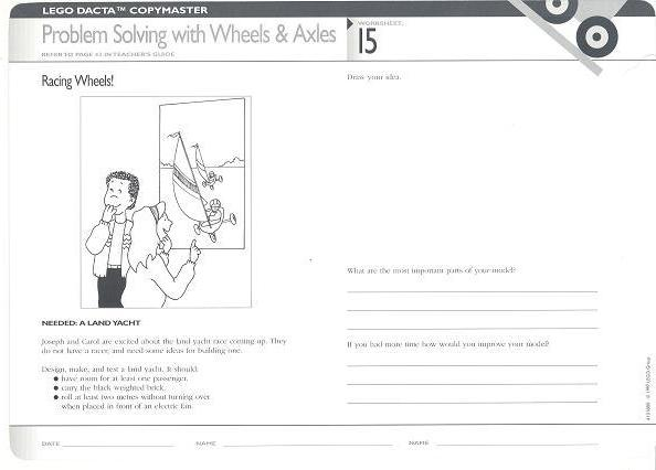 Set 9631 Worksheet Copy Master for Activity 15 - Problem Solving with Wheels and Axles - Racing Wheels!