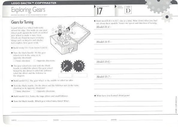 Set 9631 Worksheet Copy Master for Activity 17 - Exploring Gears