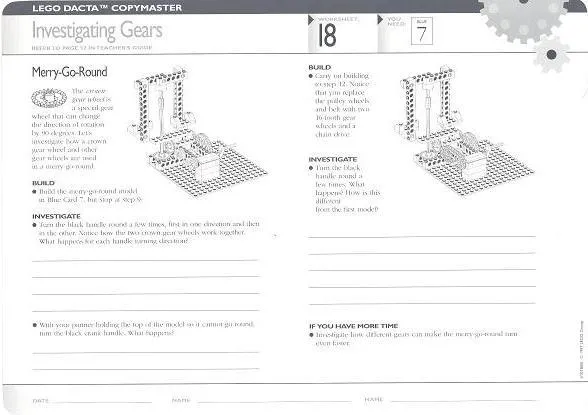 Set 9631 Worksheet Copy Master for Activity 18 / 19 - Investigating Gears