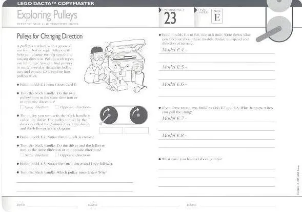 Set 9631 Worksheet Copy Master for Activity 23 - Exploring Pulleys