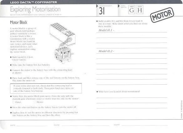 Set 9631 Worksheet Copy Master for Activity 31 - Exploring Motorisation