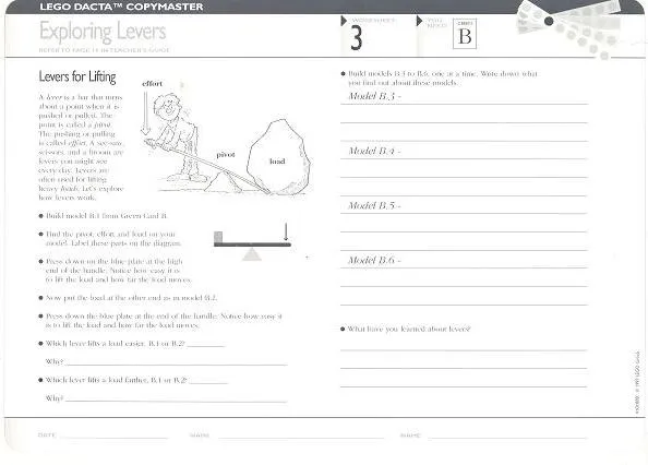 Set 9631 Worksheet Copy Master for Activity  3 - Exploring Levers