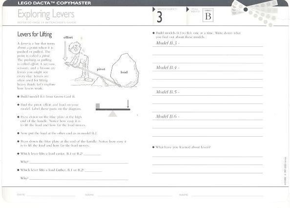 Set 9631 Worksheet Copy Master for Activity  3 - Exploring Levers