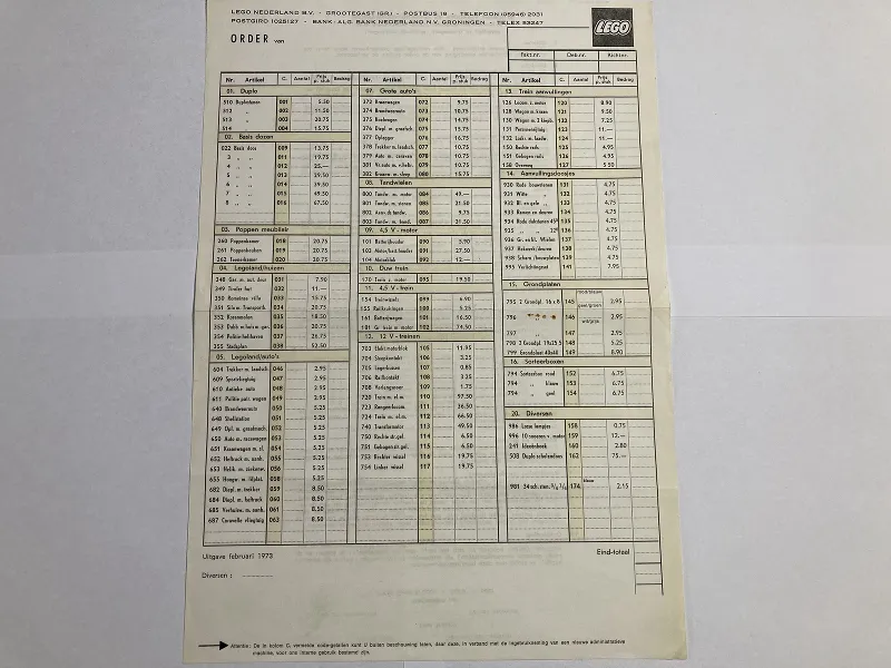 1973 Dutch Price List & Order Form