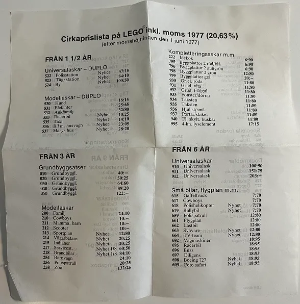 1977 Swedish Cirkaprislista på LEGO (price list)