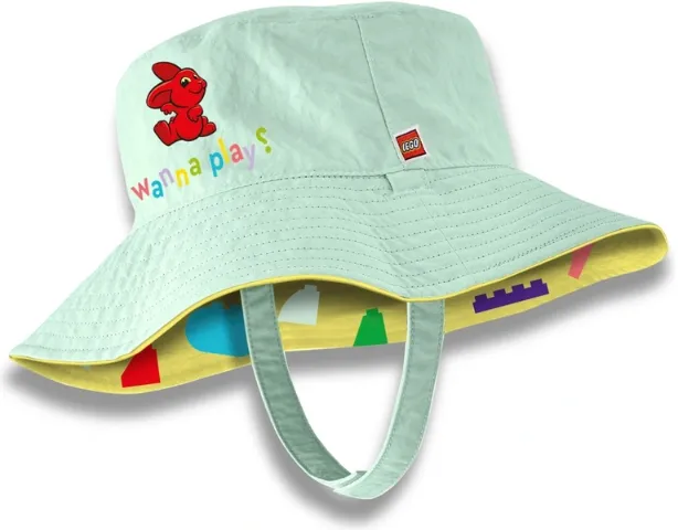 Hat, DUPLO Floppy Hat Double-Sided, Light Aqua with Red Bunny and 'wanna play?' / Bright Light Yellow with Multicolored Bricks Pattern