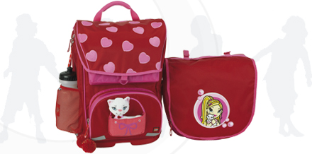 School Bag Set Heart Backpack (Large) with Cat and Sports Bottle, Girl Shoulder Bag