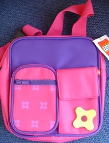 Messenger Bag, Scala Single Strap with Pockets, Purple Inset, Dark Pink with Floral Pattern on Pocket