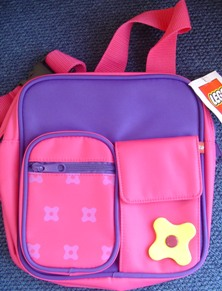 Messenger Bag, Scala Single Strap with Pockets, Purple Inset, Dark Pink with Floral Pattern on Pocket