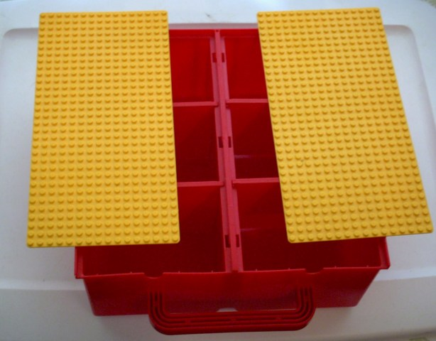 Storage Bin with Handle and Six Compartments with Yellow Baseplate Covers