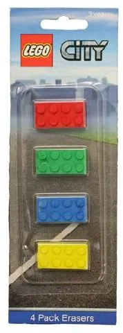 Eraser, City Brick Eraser Set of 4 (Blue, Red, Green, Yellow) blister pack
