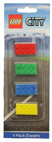 Eraser, City Brick Eraser Set of 4 (Blue, Red, Green, Yellow) blister pack