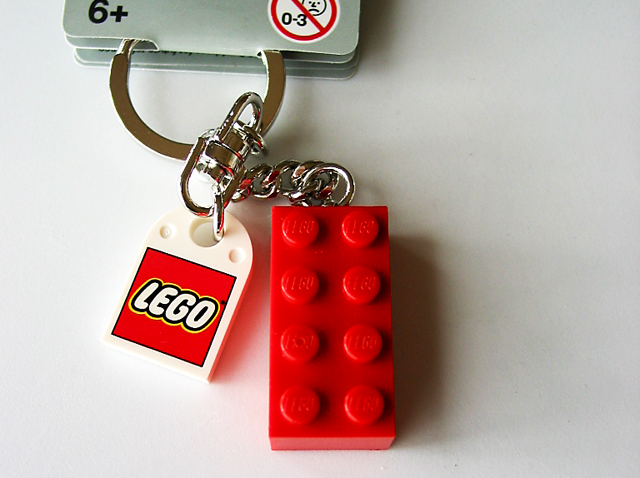 2 x 4 Brick - Red Key Chain with Lego Logo Tile, Modified 3 x 2 Curved with Hole