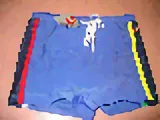 Swimsuit, Boy's Blue with Black, Red, and Yellow Stripes Pattern