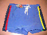 Swimsuit, Boy's Blue with Black, Red, and Yellow Stripes Pattern