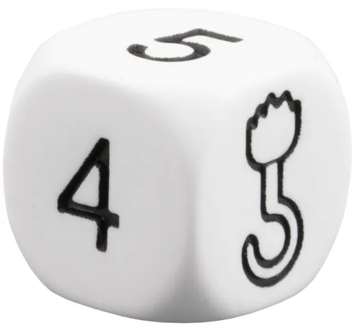 Die, 6 Sides with Black Numbers 1 to 5 and Hook Hand Pattern