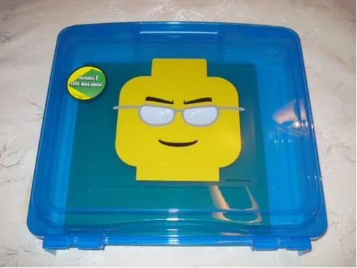 Project Case with Baseplate, Trans-Dark Blue with Minifigure Head with Silver Sunglasses and Grin Pattern