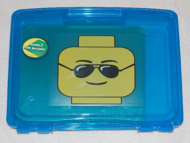 Project Case with Baseplate, Trans-Dark Blue with Minifigure Head with Black Sunglasses and Grin Pattern