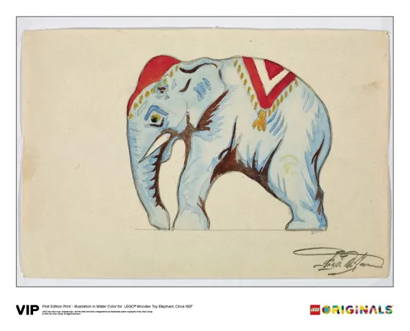 First Edition Print - Illustration in Water Color for LEGO Wooden Toy Elephant, Circa 1937