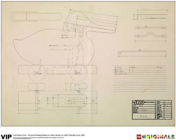 First Edition Print - Technical Drawing Based on 1930's Design of LEGO Wooden Duck, 1958