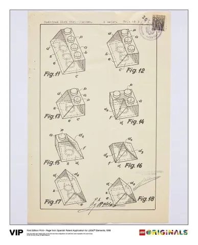 First Edition Print - Page from Spanish Patent Application for LEGO Elements, 1958
