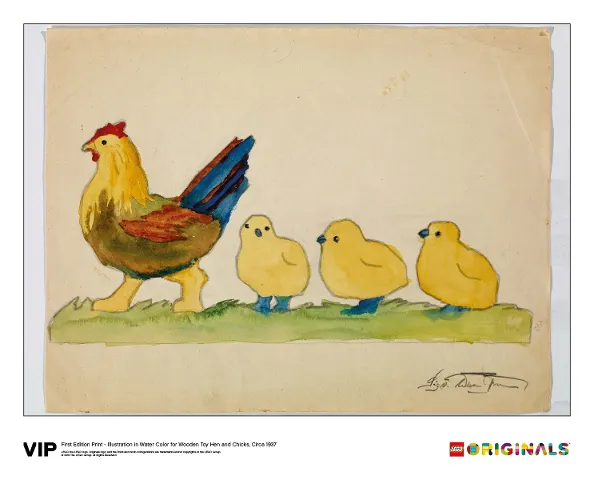 First Edition Print - Illustration in Water Colour for Wooden Toy Hen and Chicks, Circa 1937