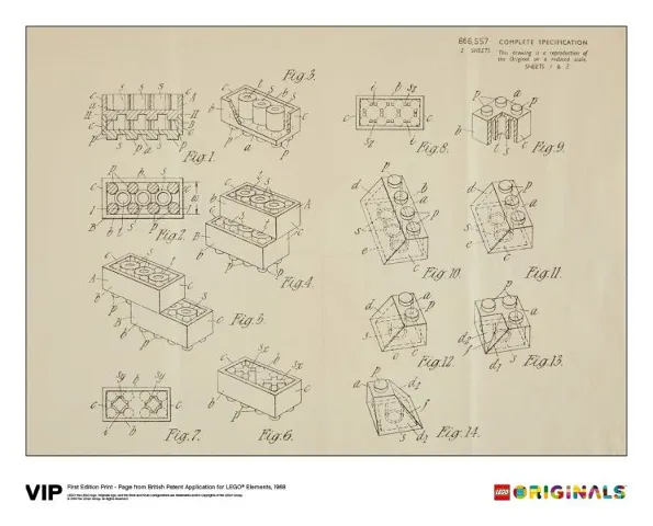 First Edition Print - Page from British Patent Application for LEGO Elements, 1968