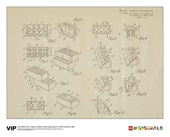 First Edition Print - Page from British Patent Application for LEGO Elements, 1968