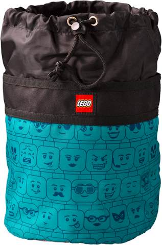 Drawstring Brick Bag, Black and Dark Turquoise with Minifigure Heads Pattern