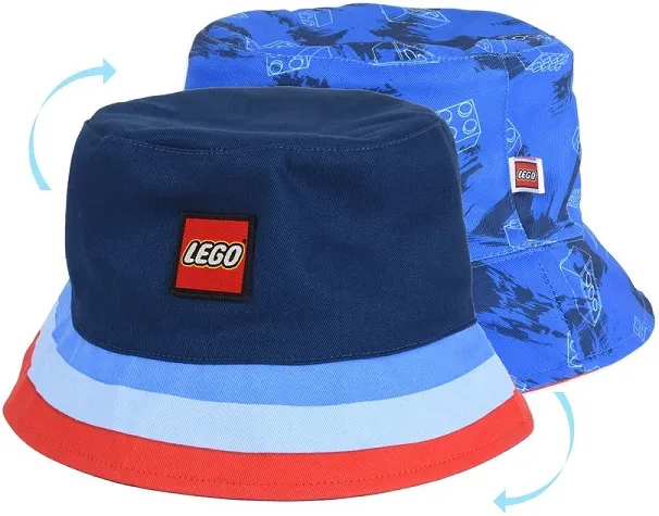 Hat, Bucket Hat Double-Sided, Dark Blue with LEGO Logo and Stripes / Blue with White Bricks and Dark Blue Markings Pattern