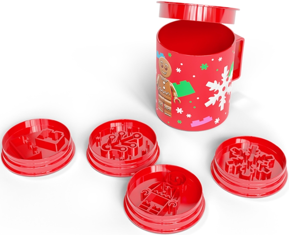 Cup / Mug with Lid and 4 Cookie Cutters with Gingerbread Man, Snowflake, Leaves and Bricks, Red - Holiday Mug & Stamper Set
