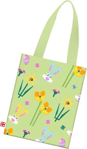 Tote Bag, Easter, Yellowish Green with Flowers, Eggs and Bunny Heads Pattern