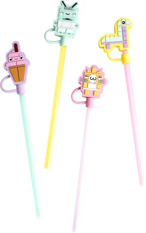 Party Drinking Straw, Set of 4 (Robot, Rainbow, Cat, Ice Cream) - Straw Topper Set
