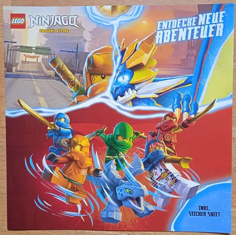 Flyer 2023 German NINJAGO Dragons Rising - Entdecke Neue Abenteur, 4 Pages with Sticker Sheet