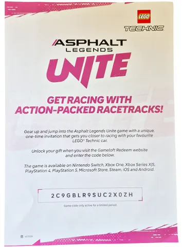 Flyer 2025 Technic Set 42208 Insert - Asphalt Legends Unite Game Code for Aston Martin Valkyrie