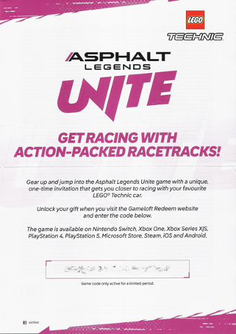 Flyer 2025 Technic Set 42212 Insert - Asphalt Legends Unite Game Code for Ferrari FXX K