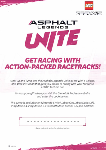 Flyer 2025 Technic Set 42214 Insert - Asphalt Legends Unite Game Code for Lamborghini Revuelto