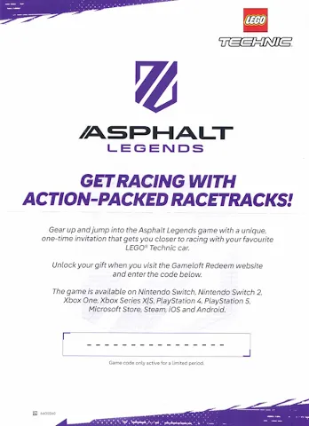 Flyer 2026 Technic Set 42222 Insert - Asphalt Legends Game Code for Bugatti Chiron Pur Sport