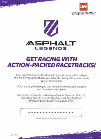 Flyer 2026 Technic Set 42222 Insert - Asphalt Legends Game Code for Bugatti Chiron Pur Sport