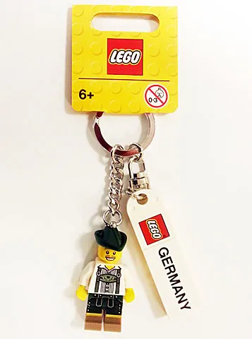 Minifigure Male with Lederhosen Key Chain with Lego Logo Tile, Modified 3 x 2 Curved and Tile 2 x 4 with 'GERMANY' Pattern