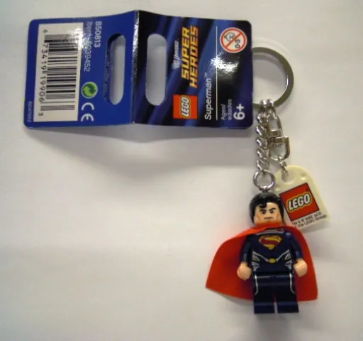 Superman Dark Blue Suit Key Chain with Lego Logo Tile, Modified 3 x 2 Curved with Hole