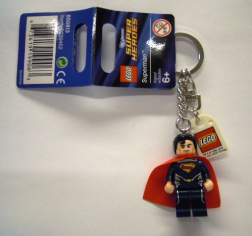 Superman Dark Blue Suit Key Chain with Lego Logo Tile, Modified 3 x 2 Curved with Hole