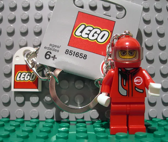 Racer Driver, Red with White Balaclava Key Chain with Lego Logo Tile, Modified 3 x 2 Curved with Hole
