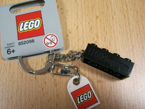 2 x 4 Brick - Black Key Chain with Lego Logo Tile, Modified 3 x 2 Curved with Hole and Engraved 'LEGOshop.com' Pattern