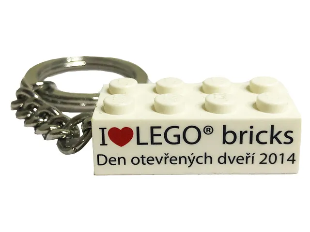 2 x 4 Brick - White Key Chain with 'I Heart LEGO bricks Den otevřených dveří 2014' Pattern (Kladno Factory Open Day 2014)
