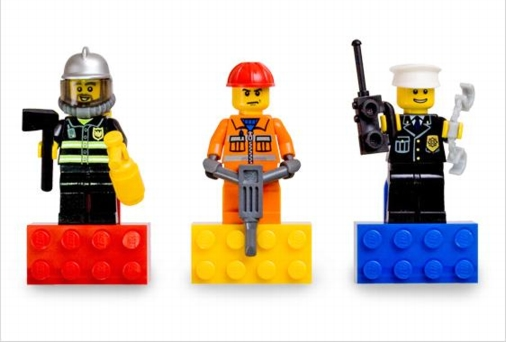 Magnet Set, Minifigures Town City (3) - Firefighter, Construction Worker, Police Officer - with 2 x 4 Brick Bases blister pack
