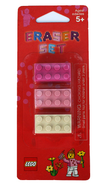 Eraser, LEGO Brick Eraser Set of 3 (White, Bright Pink, Dark Pink) blister pack